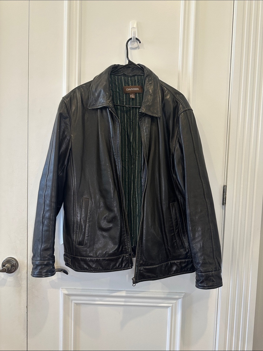 Danier Black Leather Bomber Jacket with Dark Green Lining